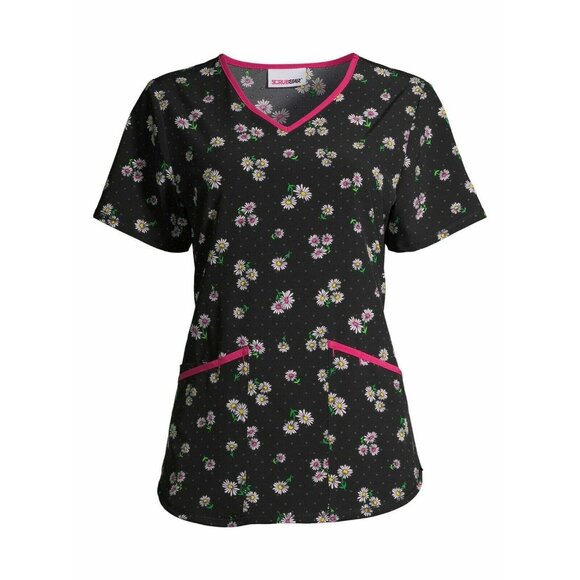Womens Small Daisy  Scrub Top  Floral Black Pink V Neck Scrubstar - Picture 1 of 4